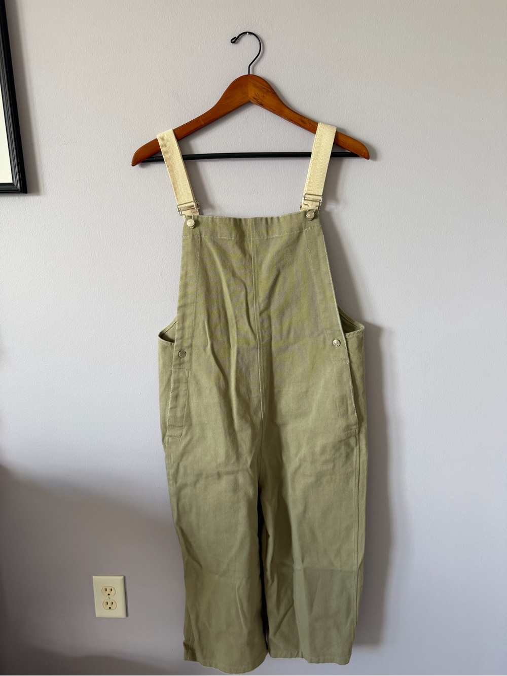 Anthropologie Olive Overalls with Cream Straps
